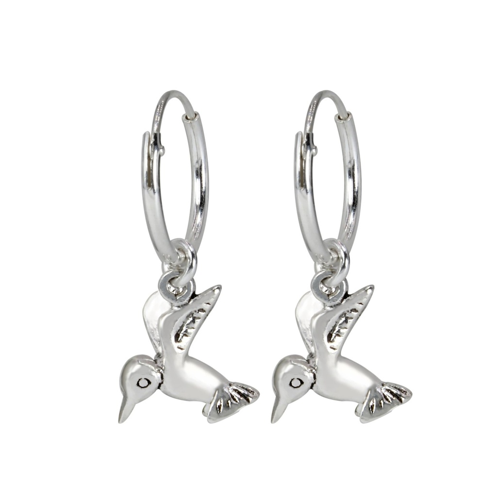 Silver Humming Bird Charm Hoop Earrings