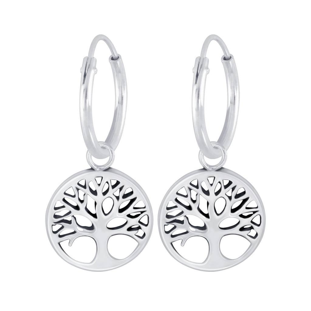 Silver Tree of life Charm Hoop Earrings