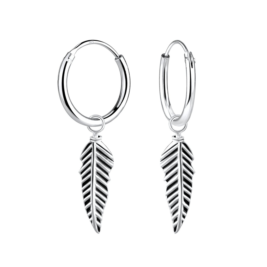 Silver Feather Charm Hoop Earrings