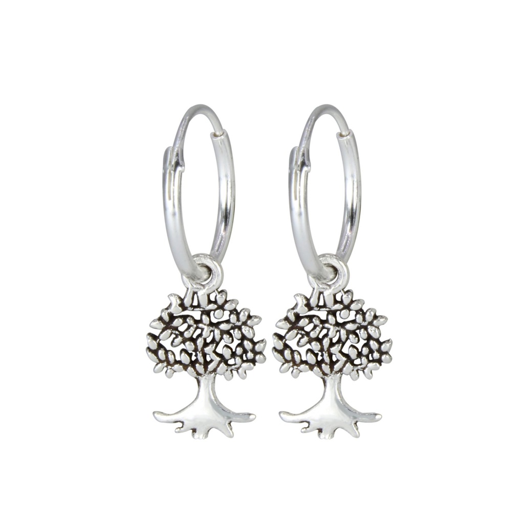 Silver Tree Charm Hoop Earrings