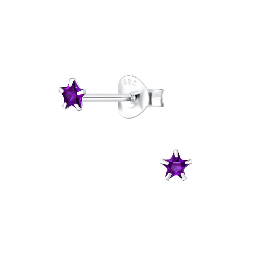 [10003675] 3mm Star Cubic Zirconia Silver Stud Earrings (Amethyst)