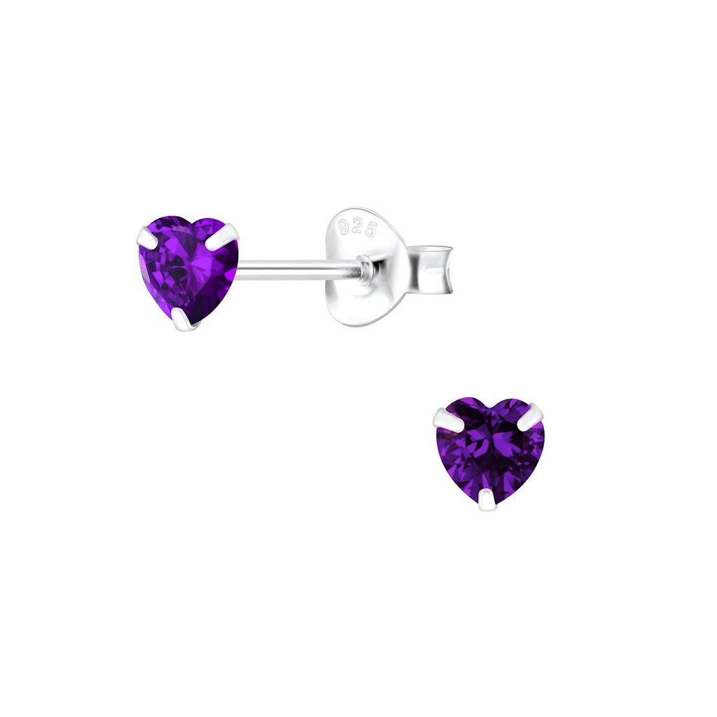 [10003695] 4mm Heart Cubic Zirconia Silver Stud Earrings (Amethyst)