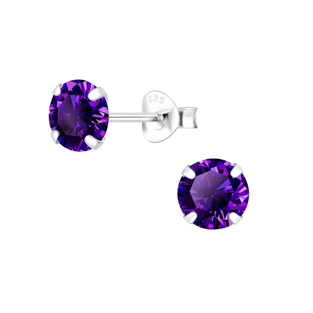 [10000355] 6mm Round Cubic Zirconia Silver Stud Earrings (Amethyst)