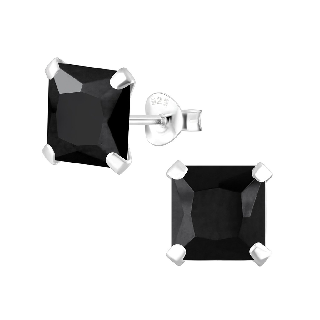 [10000346] 8mm Square Cubic Zirconia Silver Stud Earrings (Black)