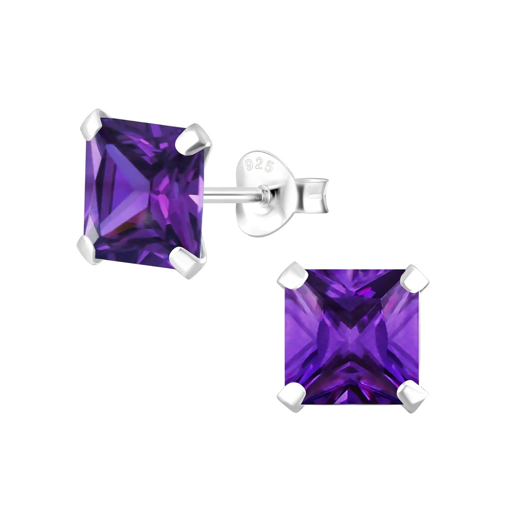 [10000340] 7mm Square Cubic Zirconia Silver Stud Earrings (Amethyst)