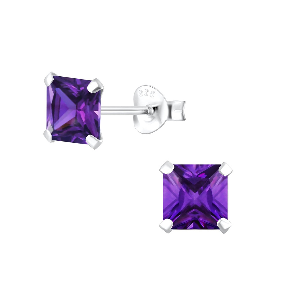[10003706] 6mm Square Cubic Zirconia Silver Stud Earrings (Amethyst)