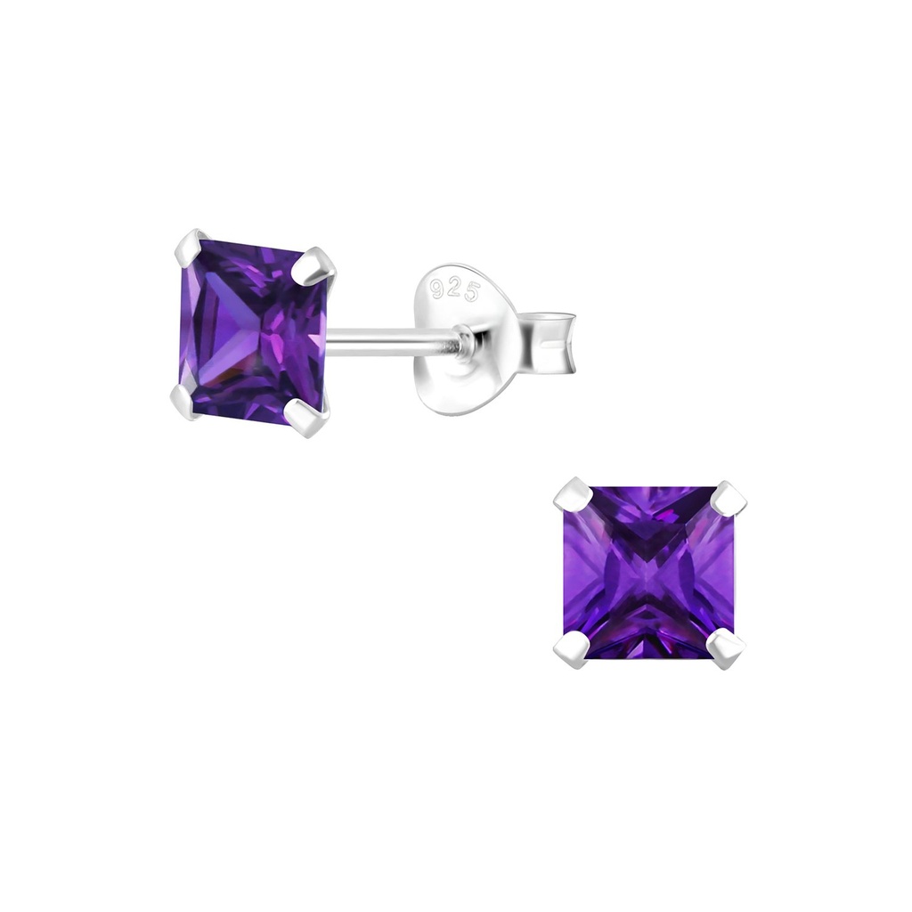 [10000334] 5mm Square Cubic Zirconia Silver Stud Earrings (Amethyst)