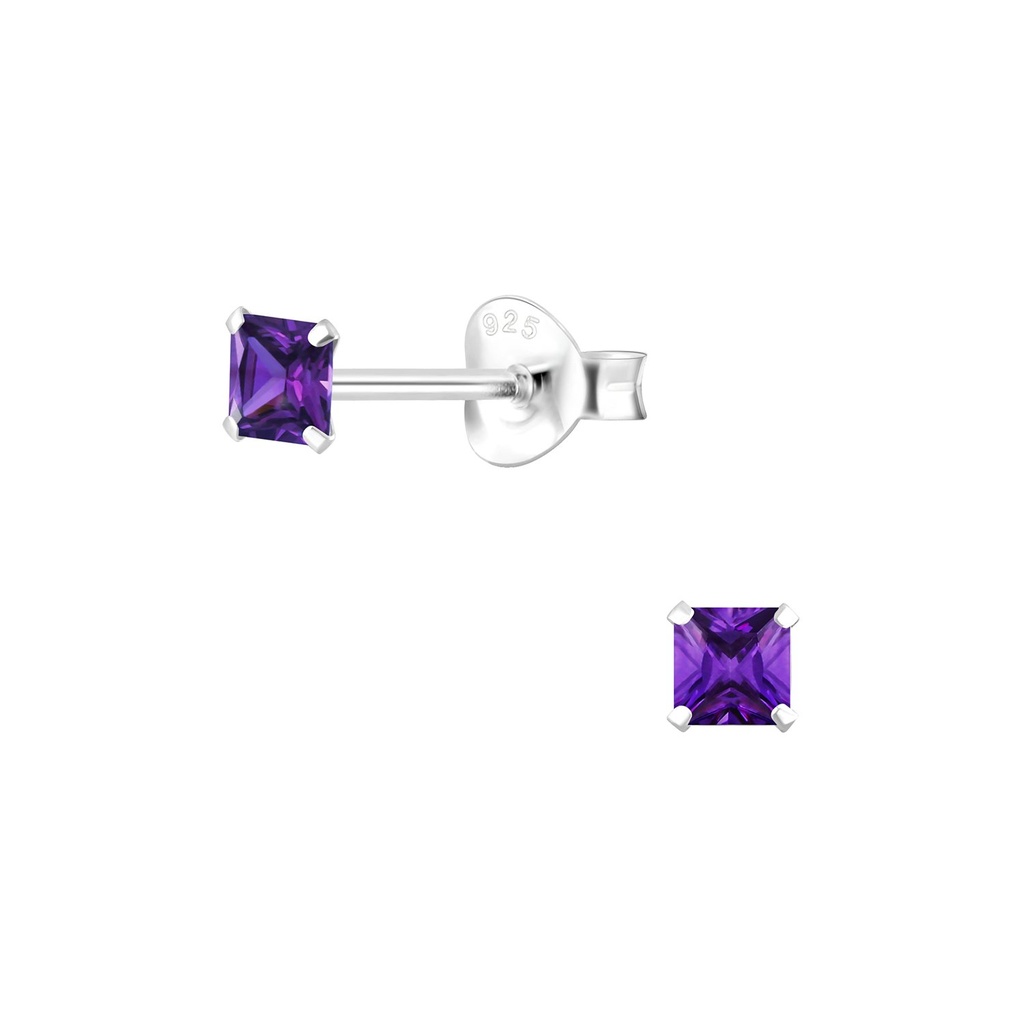 [10000322] 3mm Square Cubic Zirconia Silver Stud Earrings (Amethyst)