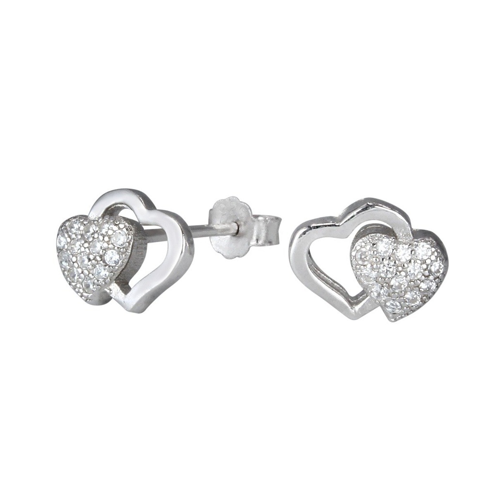 [10000276] Puces d'oreilles doubles en argent zircon cœur