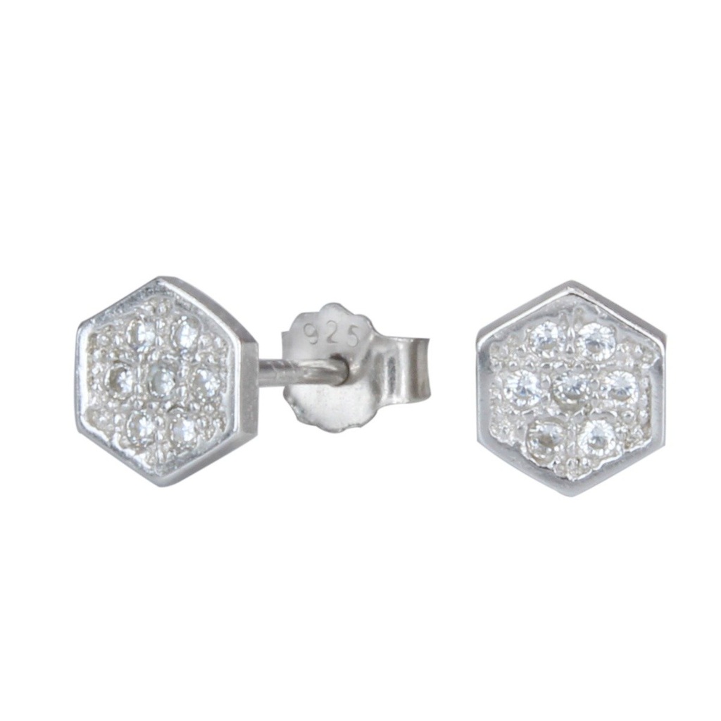 [10000280] Silver Hexagon Cubic Zirconia Stud Earrings