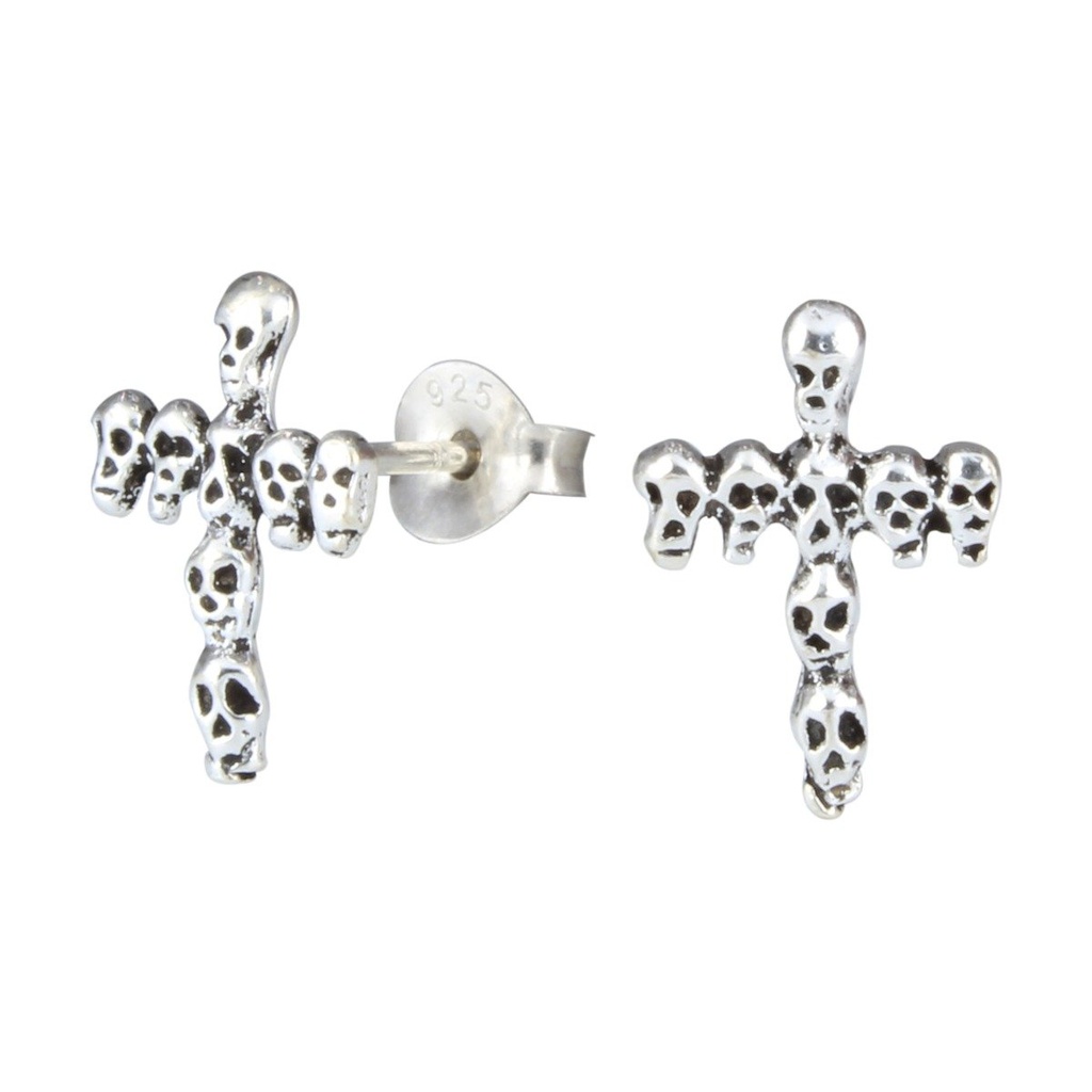 [10000262] Silver Cross of Skulls Stud Earrings
