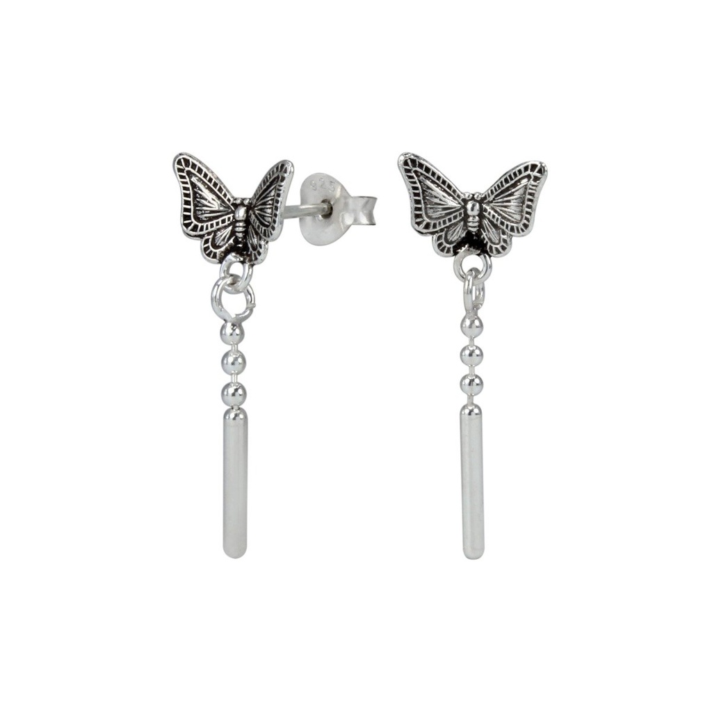 [10000251] Puces d'oreilles papillon en argent avec chaîne pendante