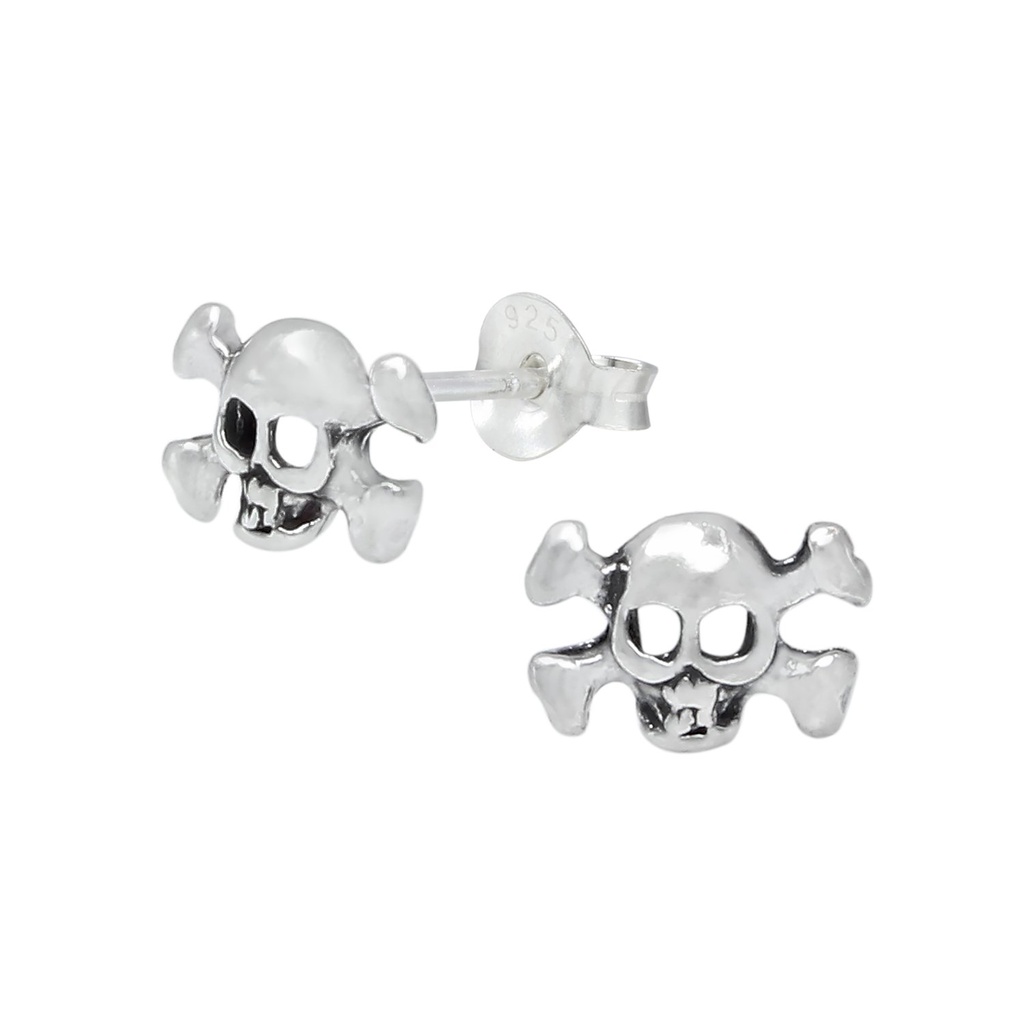 Puces d'oreilles tête de mort et os croisés en argent