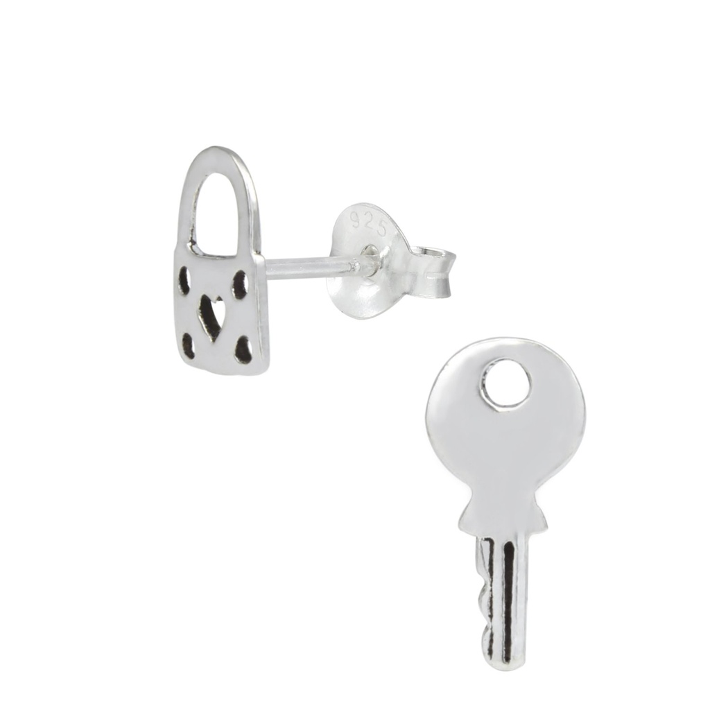 Puces d'oreilles cadenas et clé en argent
