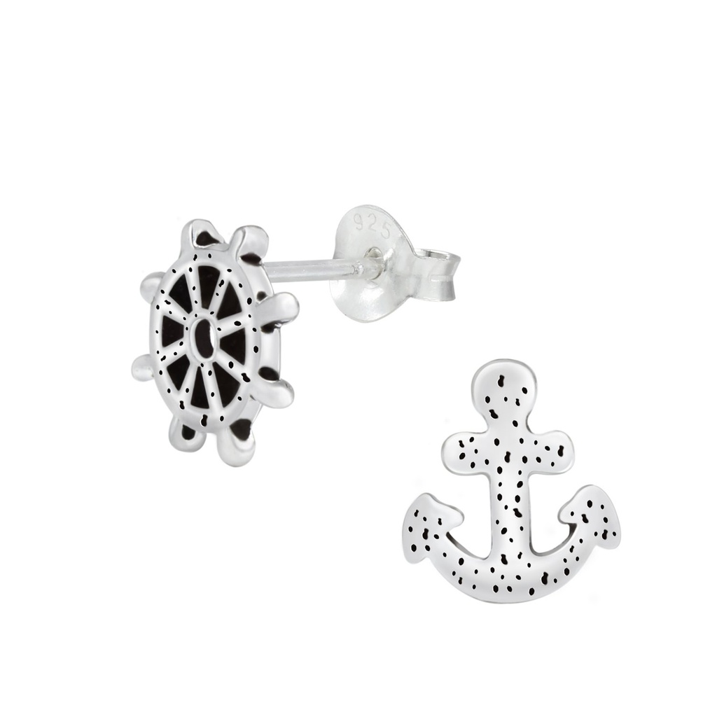 [10000163] Puces d'oreilles ancre et roue en argent