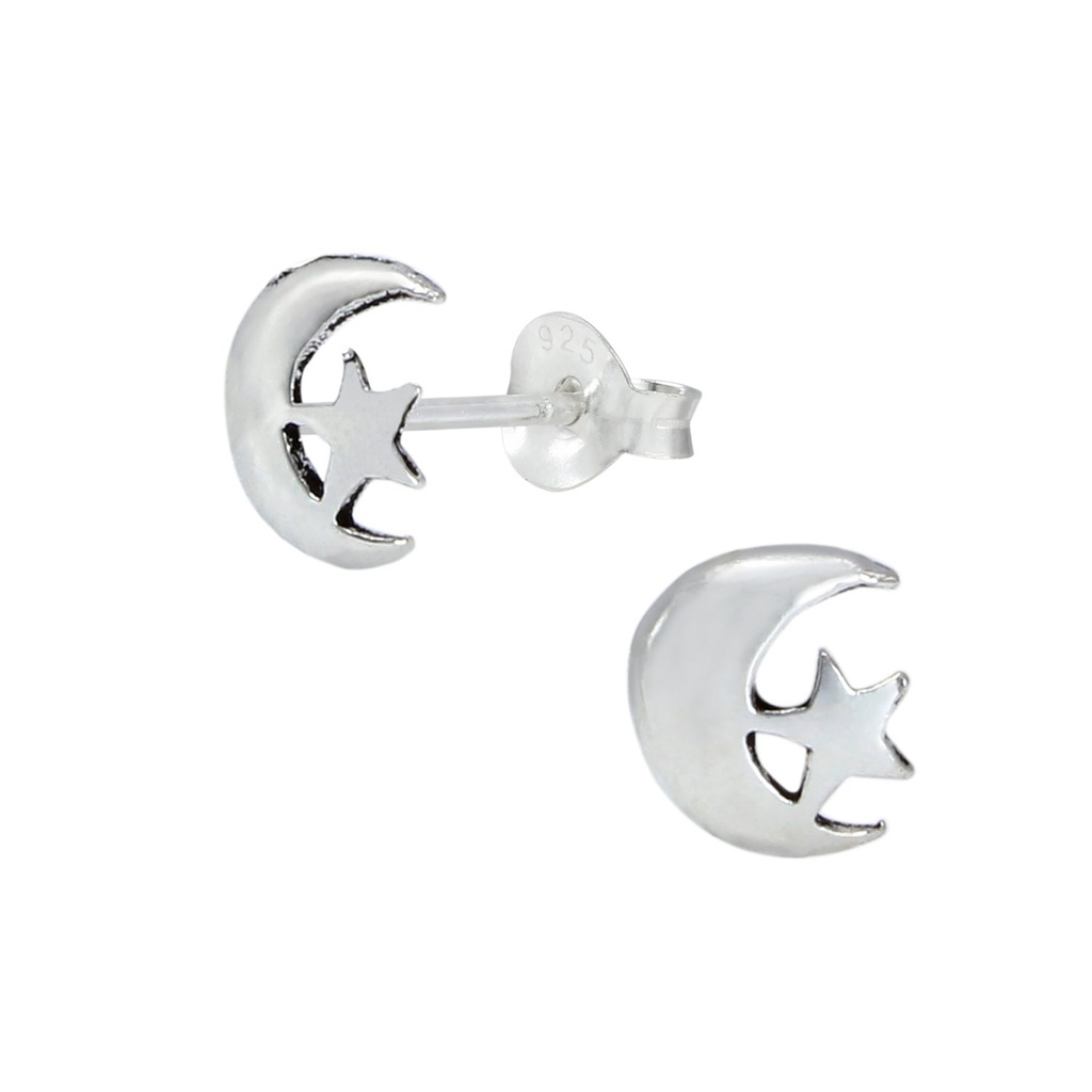 [10000157] Silver Moon And Star Stud Earrings