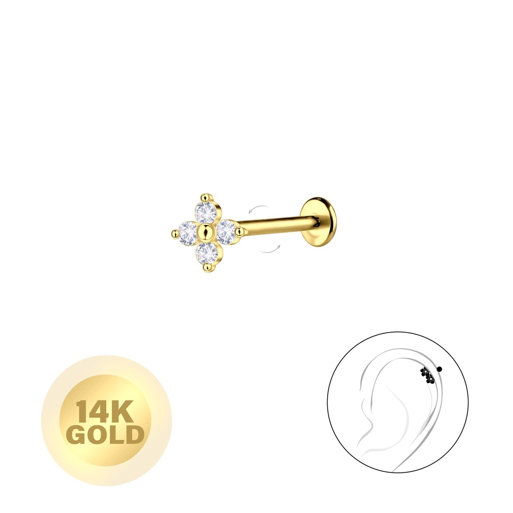 [10037799] Labret fleur en or massif 14K avec disque 3 mm