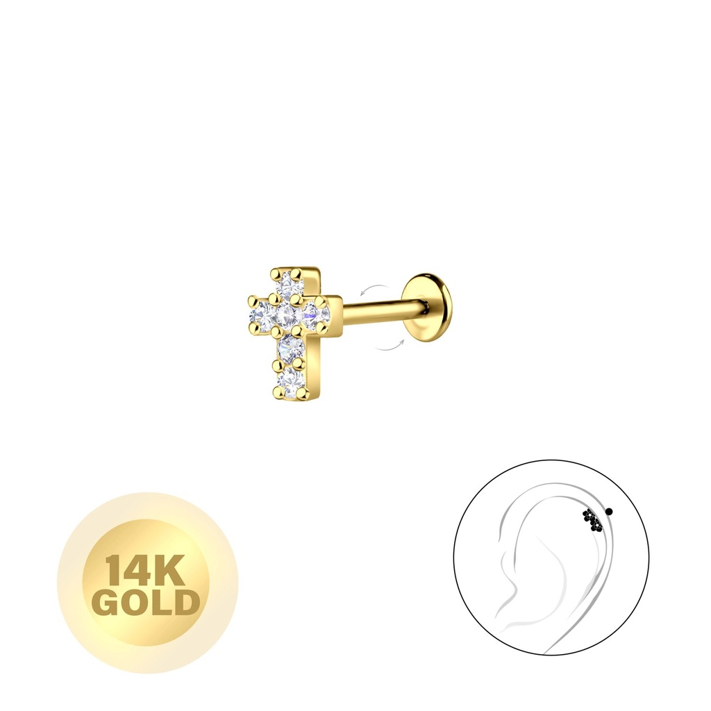 [10037791] 14K Solid Gold - Cross Labret with 3mm Disc
