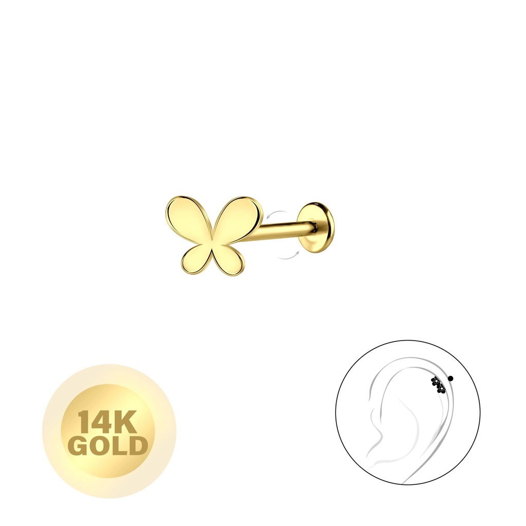 [10037790] Labret papillon en or massif 14K avec disque 3 mm