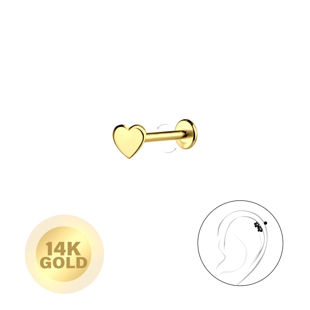 Labret cœur en or massif 14K avec disque 3 mm
