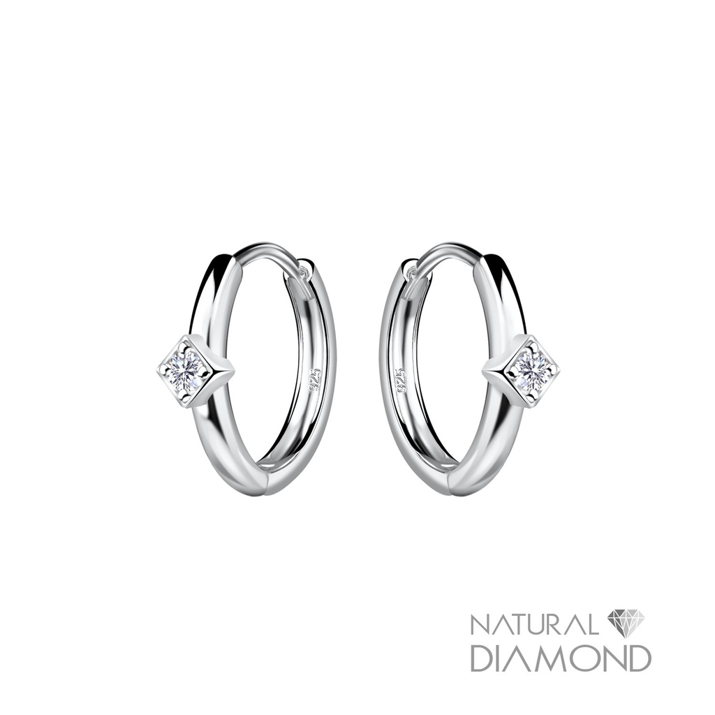 [10034438] 11mm Silver Square Huggie Earrings With Diamond