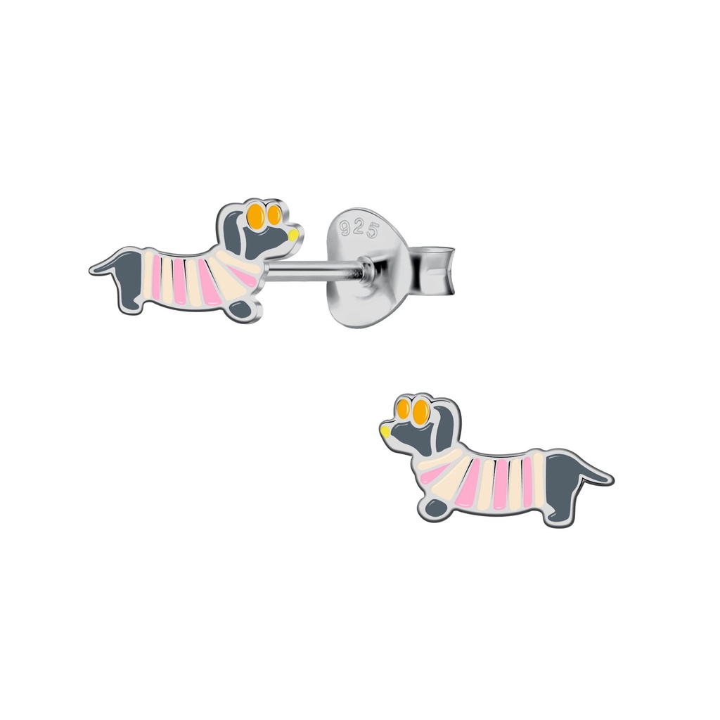 [10036855] Silver Dachshund Dog Stud Earrings