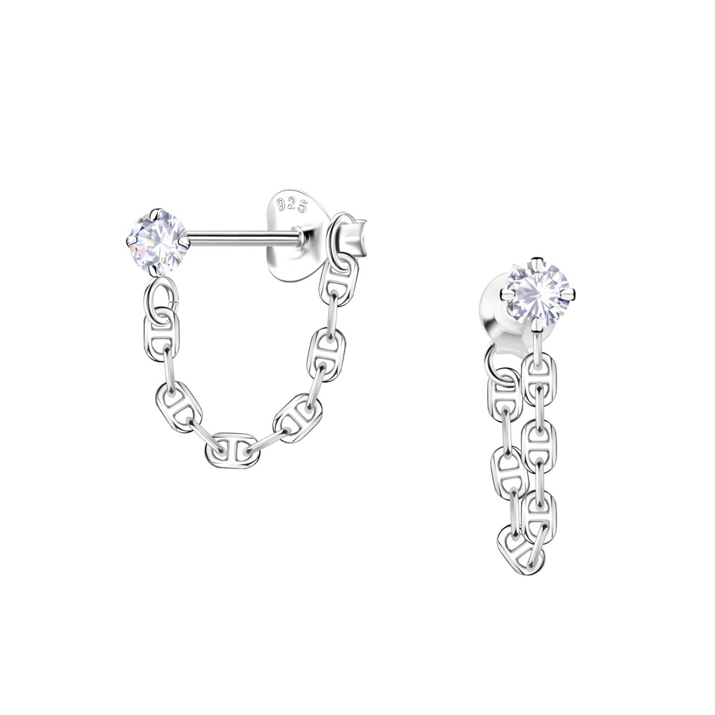 Puces d'oreilles pierre unique en argent avec chaîne