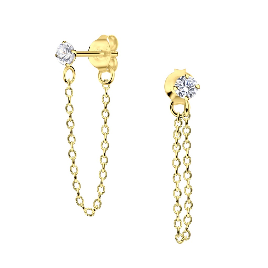 [10036453] 3mm Round Cubic Zirconia Silver Stud Earrings with Chain