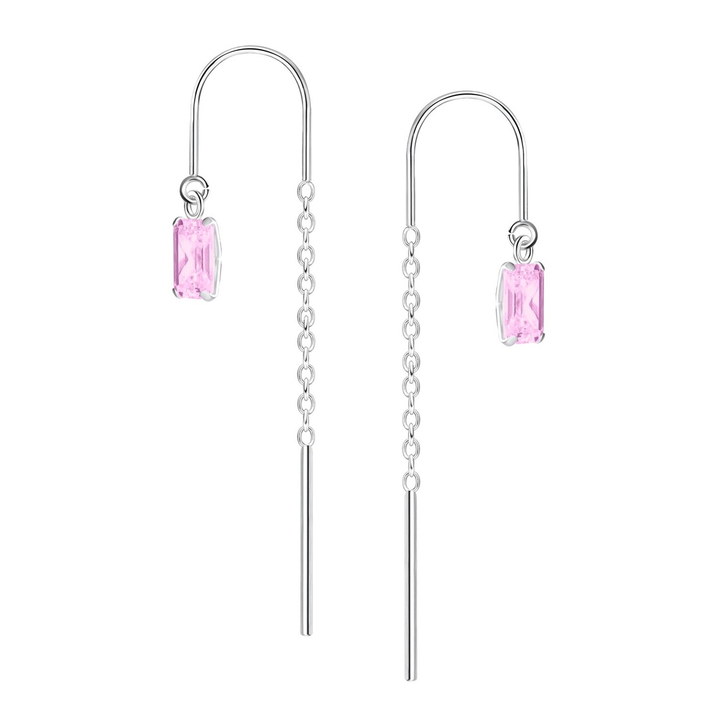 [10037300] 3x5mm Baguette Cubic Zirconia Silver Thread Through Earrings (Pink)