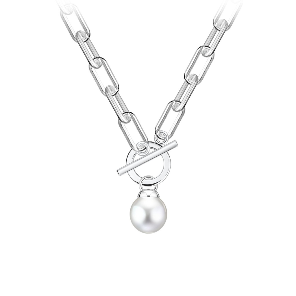 [10037452] Collier trombone fermoir à bascule carré en argent 43 mm avec perle pendante 6 mm