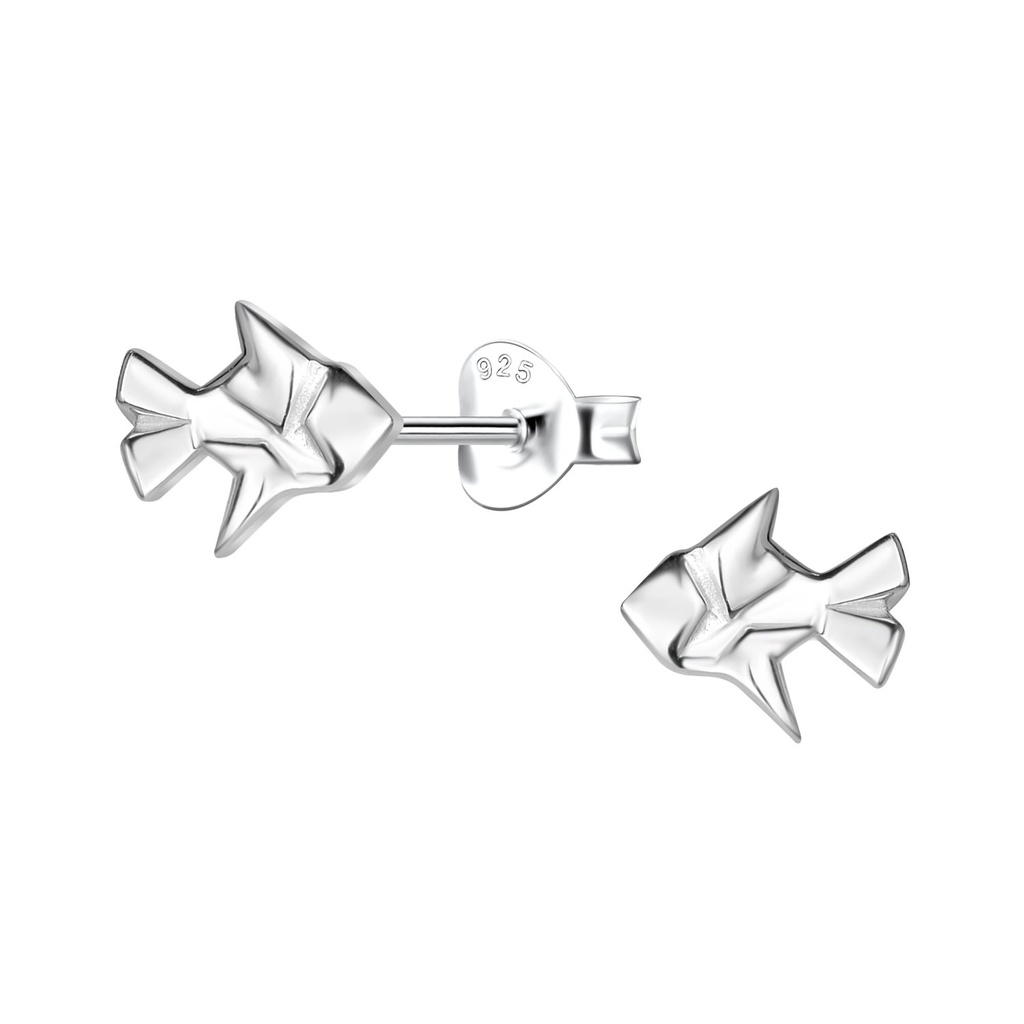 [10037389] Silver Origami Fish Stud Earrings