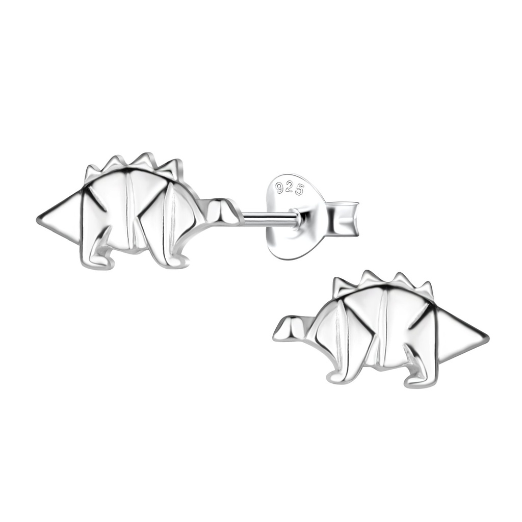 [10037400] Silver Origami Stegosaurus Dinosaur Stud Earrings