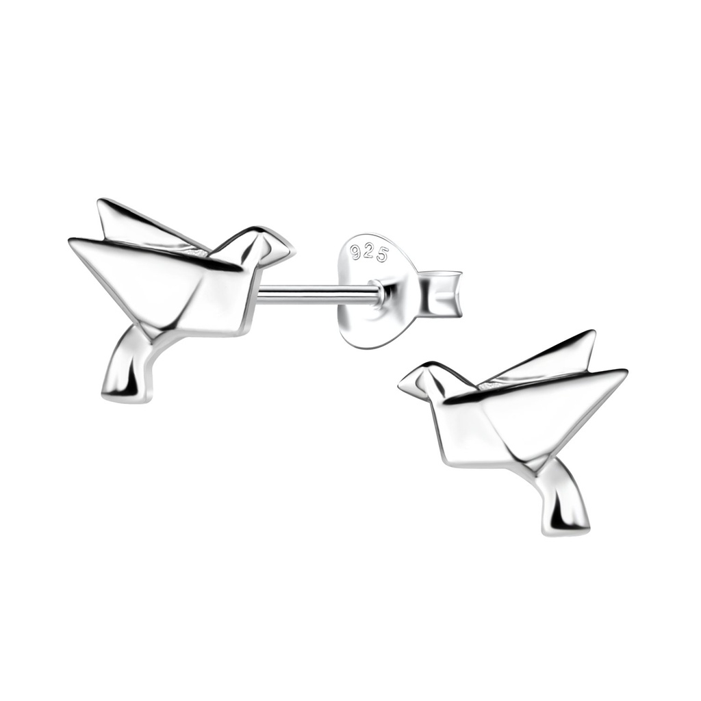 [10037393] Silver Origami Bird Stud Earrings