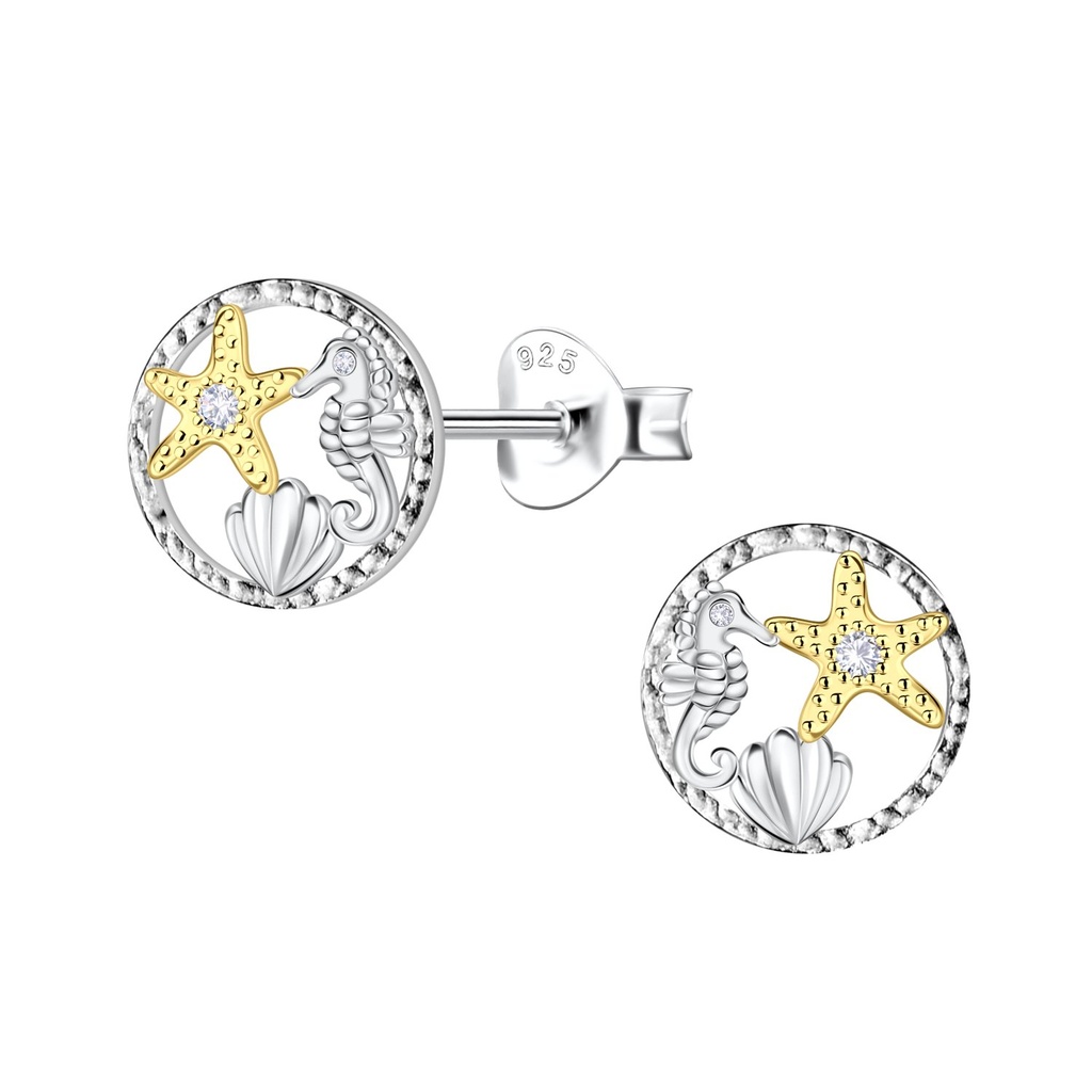 Puces d'oreilles étoile de mer, hippocampe et coquillage en argent