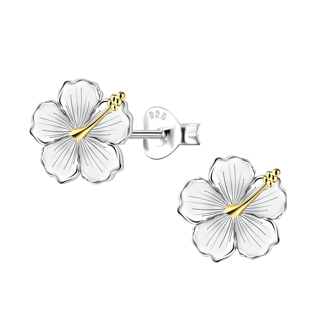 Puces d'oreilles fleur hibiscus en argent