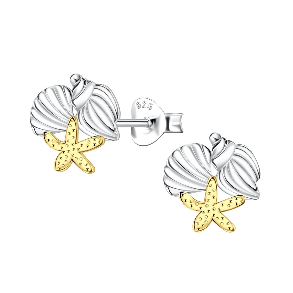 [10037356] Puces d'oreilles étoile de mer et coquillage en argent
