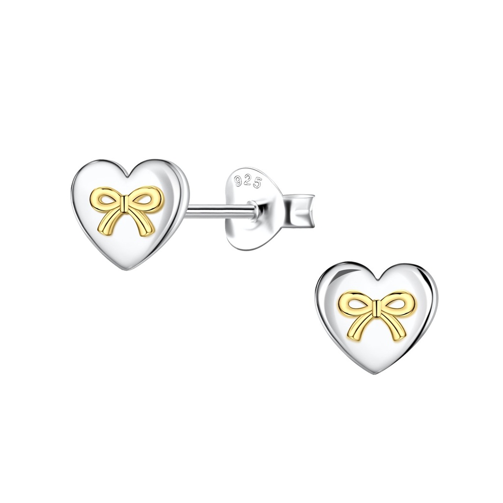 [10037354] Silver Heart with Bow Stud Earrings