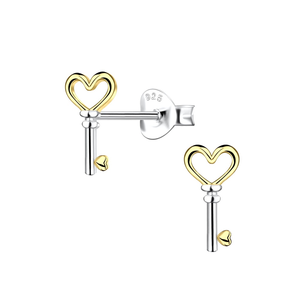 [10037352] Silver Heart Key Stud Earrings