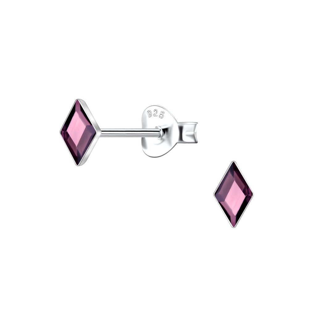 [10038447] 3x5mm Diamond Shaped Glass Silver Stud Earrings (Amethyst)