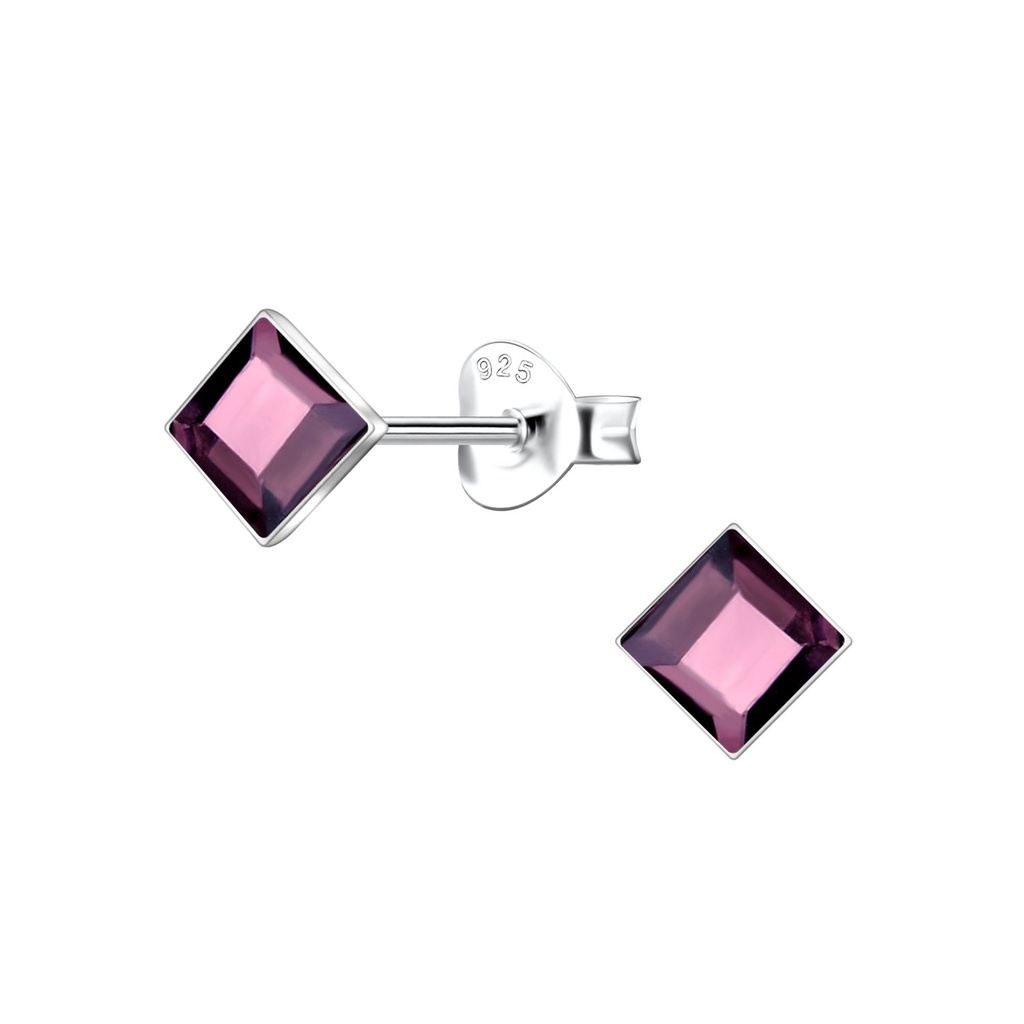 [10037899] 4mm Square Glass Silver Stud Earrings (Amethyst)