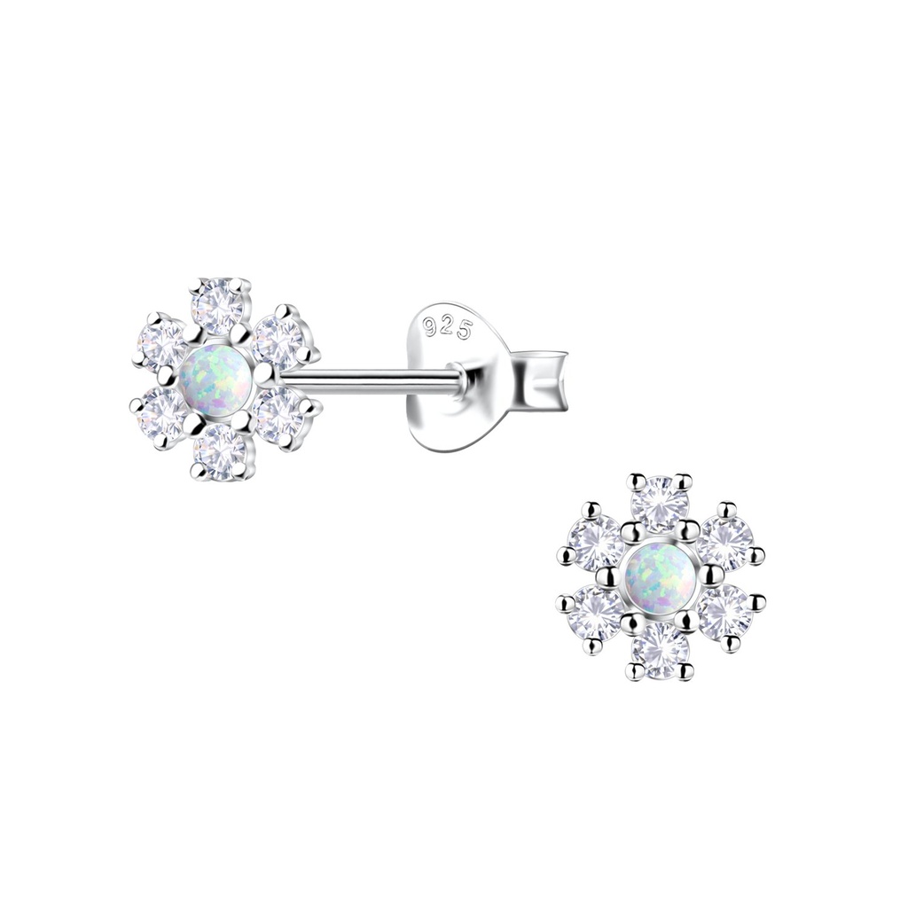 [10036172] Silver Flower Opal Stud Earrings