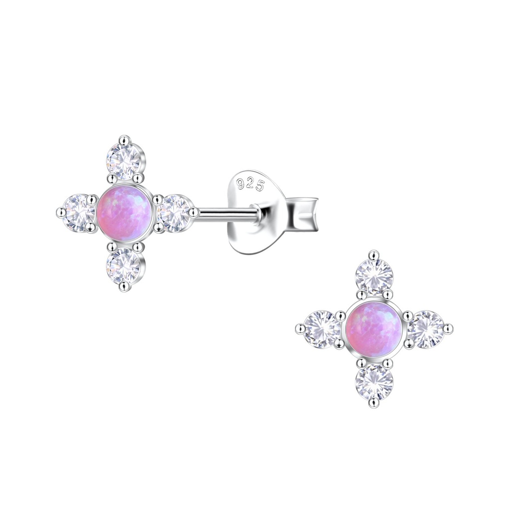 [10036257] Silver Geometric Opal Stud Earrings