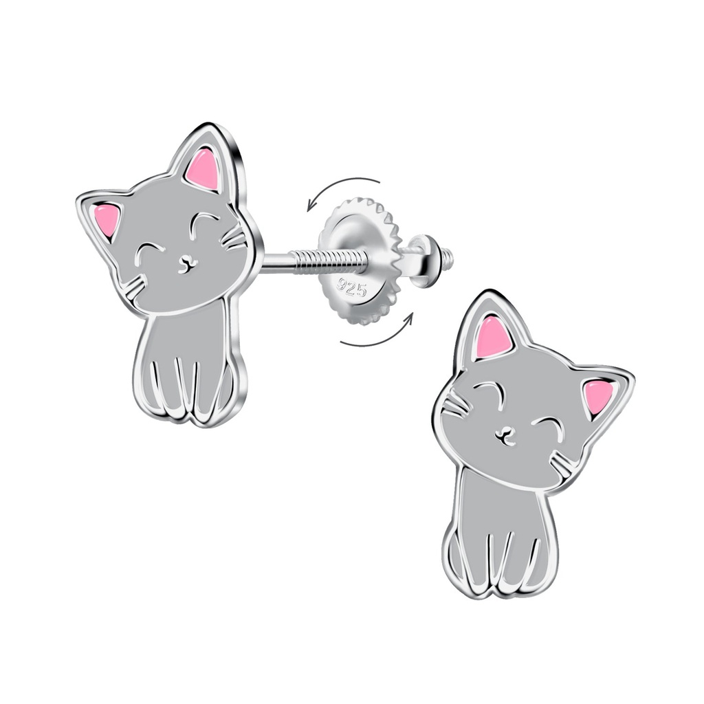 [10036828] Silver Cat Screw Back Earrings