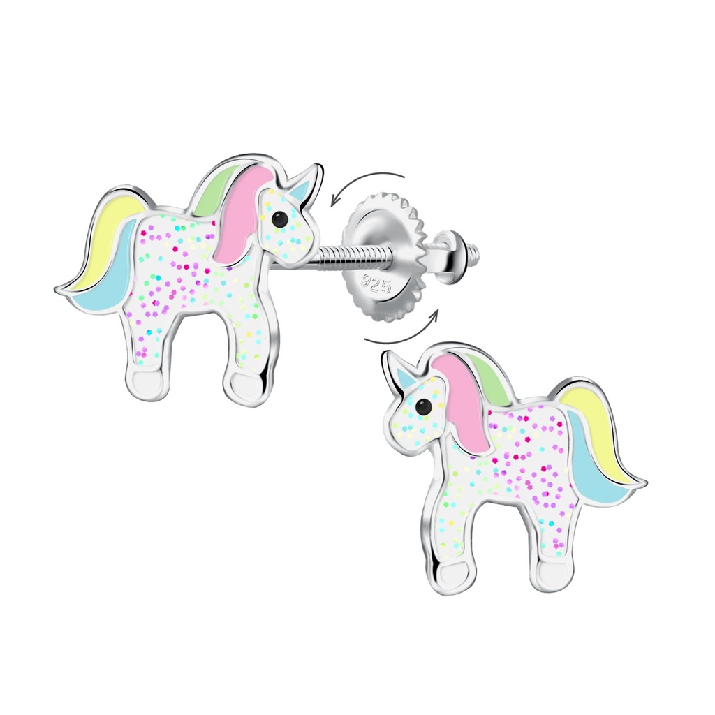 Silver Unicorn Screw Back Earrings