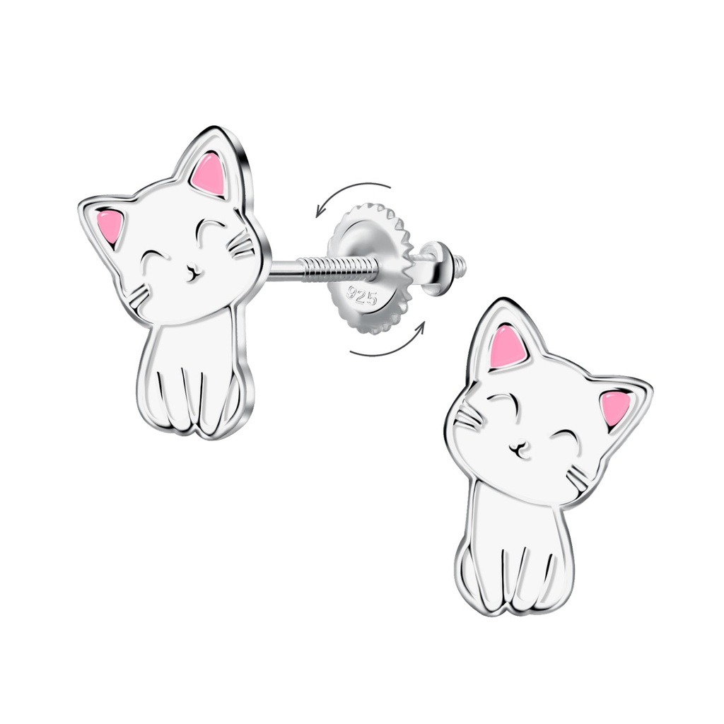 [10036827] Boucles d'oreilles à fermoir à vis chat en argent