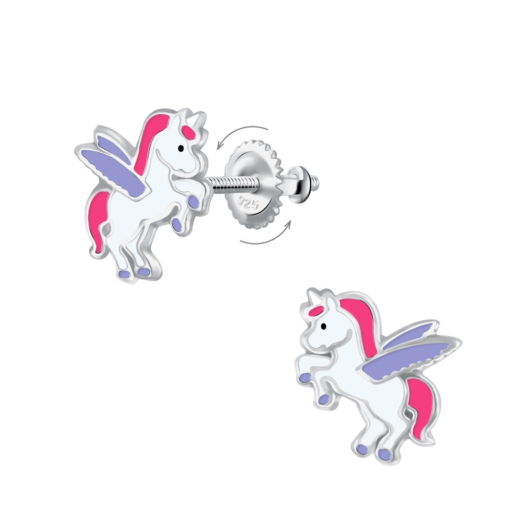 [10036823] Silver Winged Unicorn Screw Back Earrings
