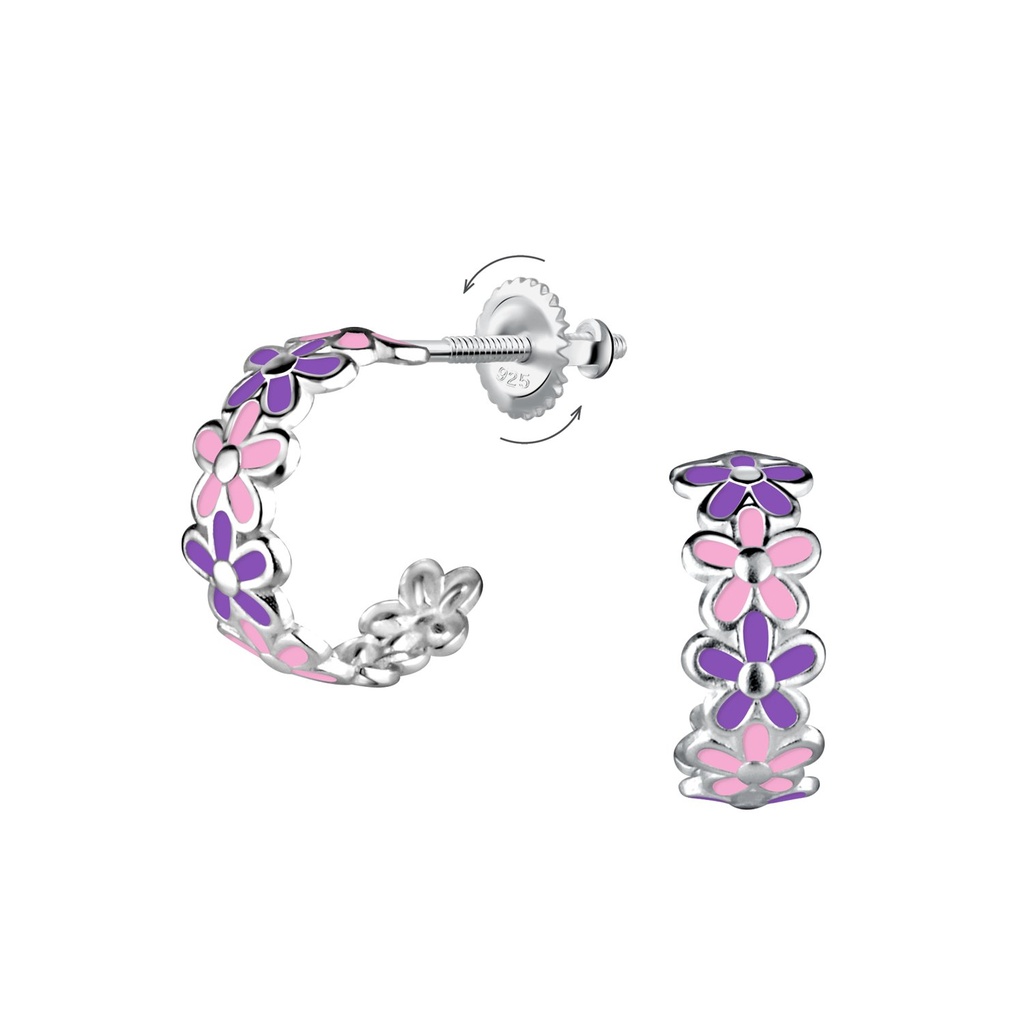 [10036833] Boucles d'oreilles à fermoir à vis demi-créole fleur en argent