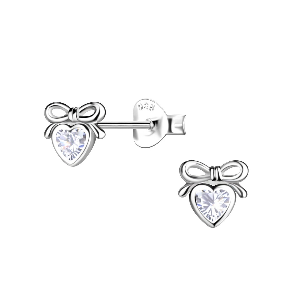 [10035832] Silver Bow Heart Stud Earrings (Amethyst)