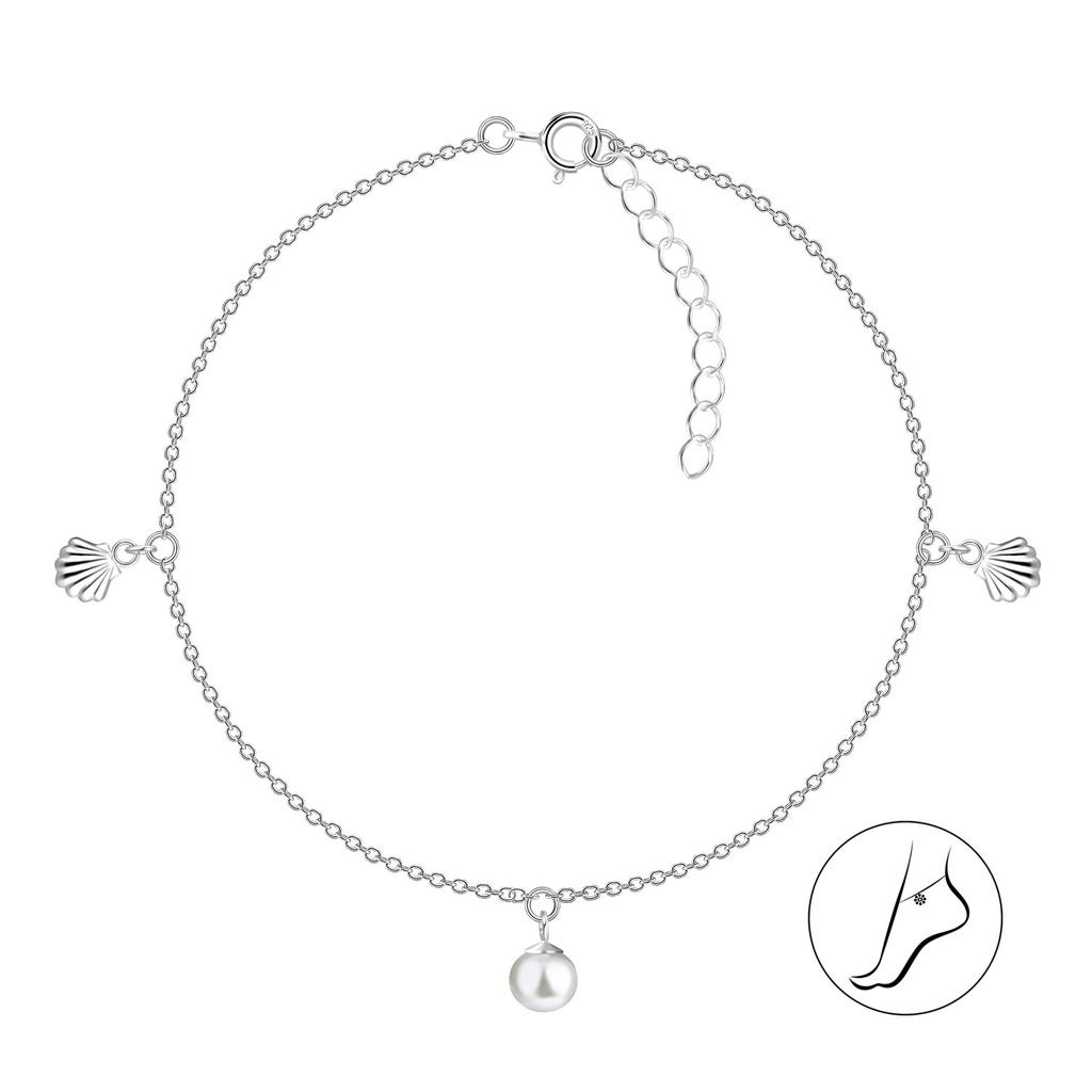 [10038377] Chaîne de cheville coquillage en argent avec perle 6 mm