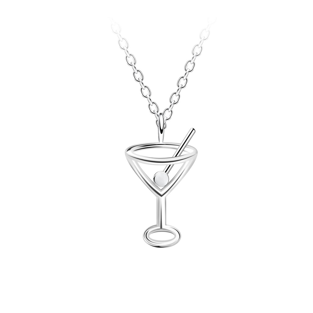 [10036297] Silver Cocktail Glass Outline Necklace